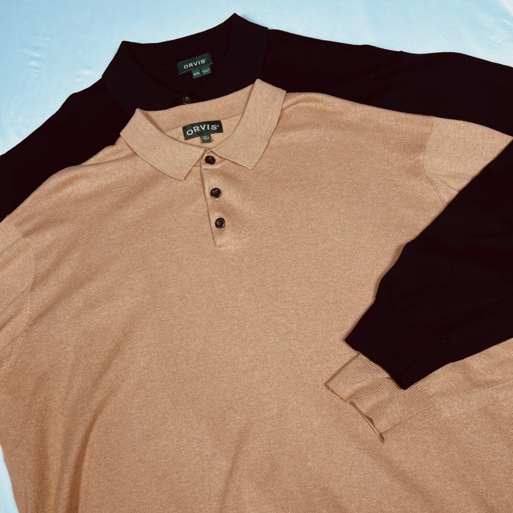 Orvis Mens XXL Silk‎ Cashmere Cotton Polo Sweater Bundle Tan Black 697451 691430